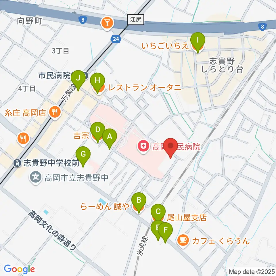 高岡市文化芸能館周辺のファミレス・ファーストフード一覧地図