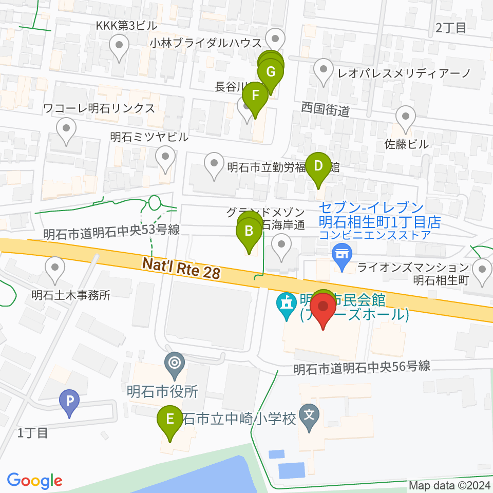 明石市立市民会館アワーズホール周辺のファミレス・ファーストフード一覧地図