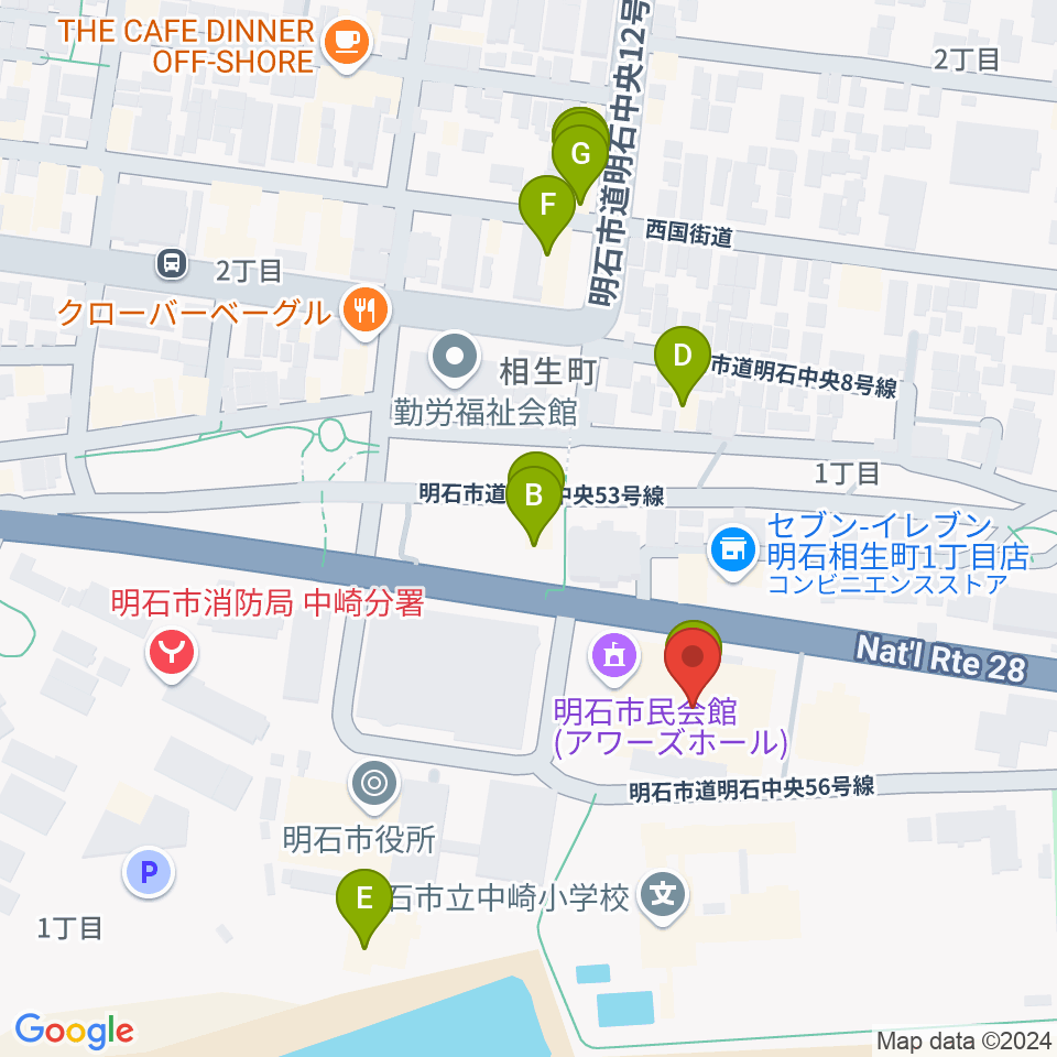 明石市立市民会館アワーズホール周辺のファミレス・ファーストフード一覧地図