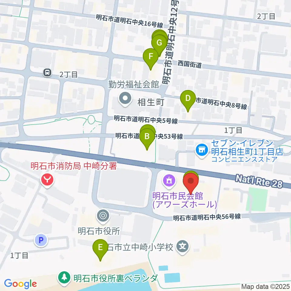 明石市立市民会館アワーズホール周辺のファミレス・ファーストフード一覧地図