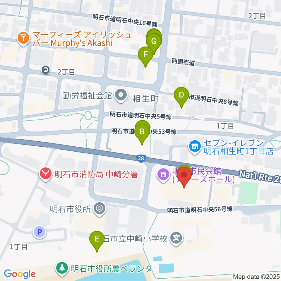 明石市立市民会館アワーズホール周辺のファミレス・ファーストフード一覧地図