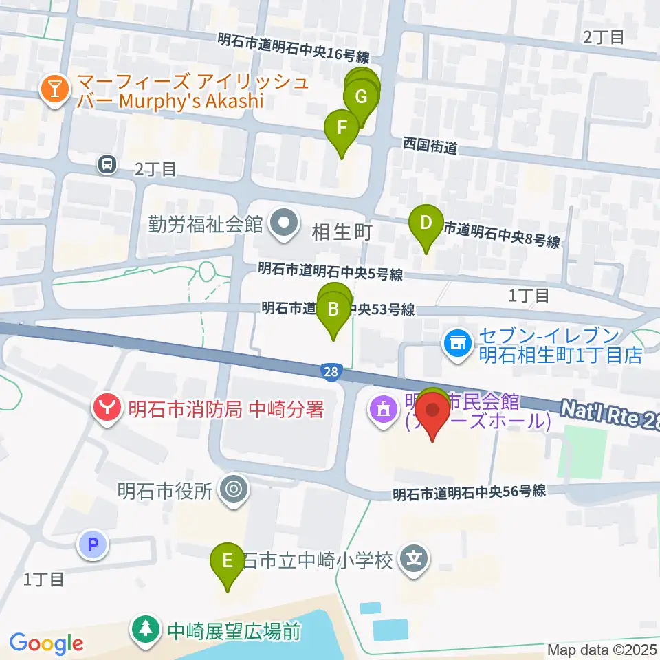 明石市立市民会館アワーズホール周辺のファミレス・ファーストフード一覧地図