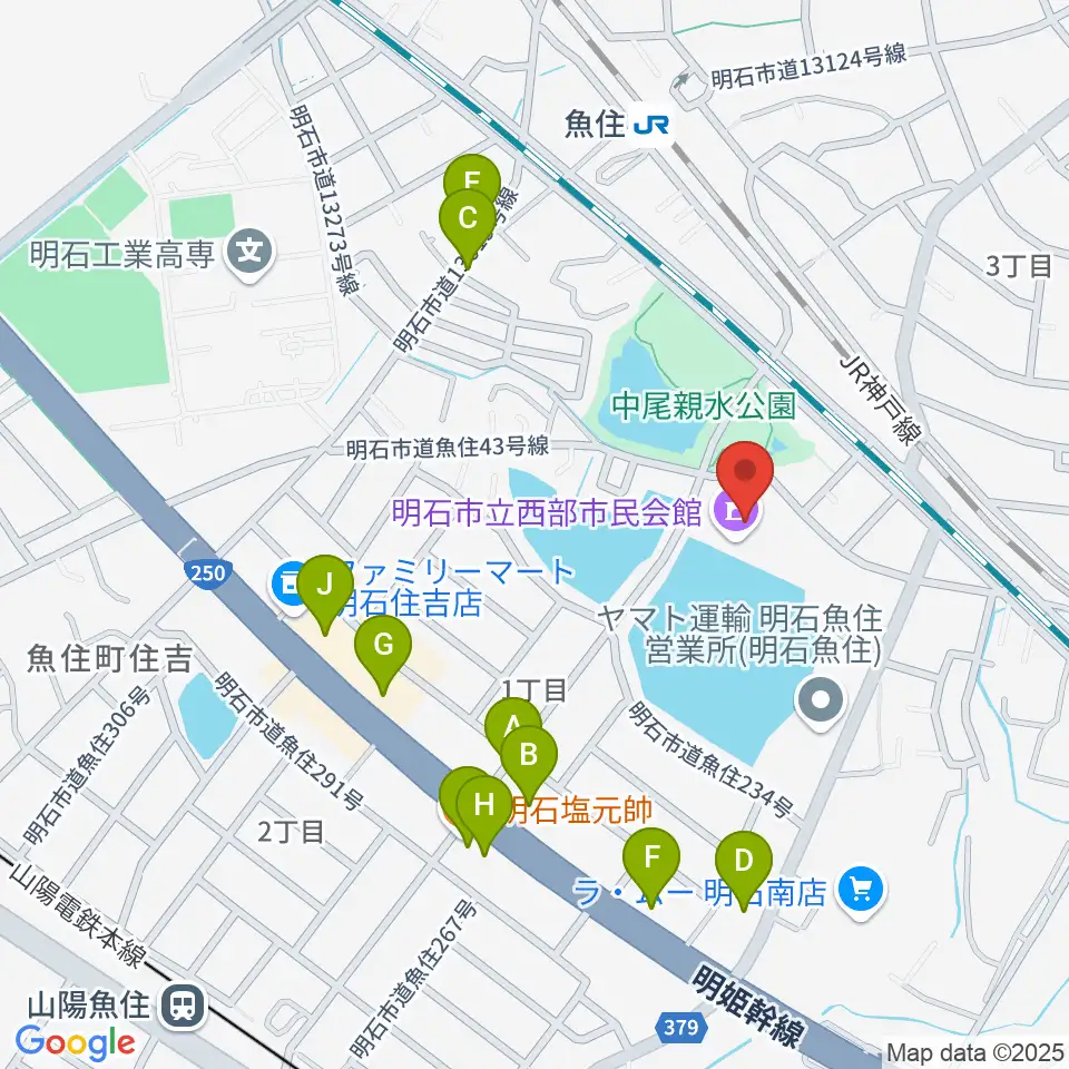 明石市立西部市民会館周辺のファミレス・ファーストフード一覧地図
