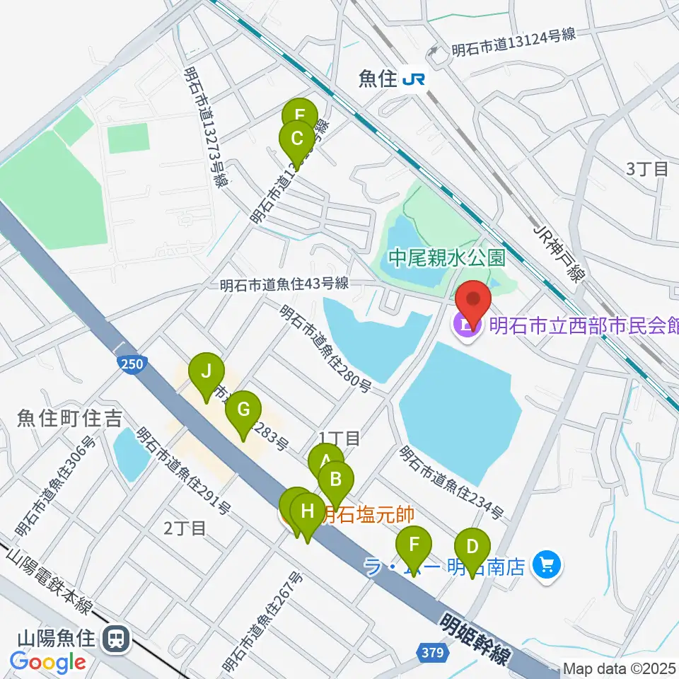 明石市立西部市民会館周辺のファミレス・ファーストフード一覧地図