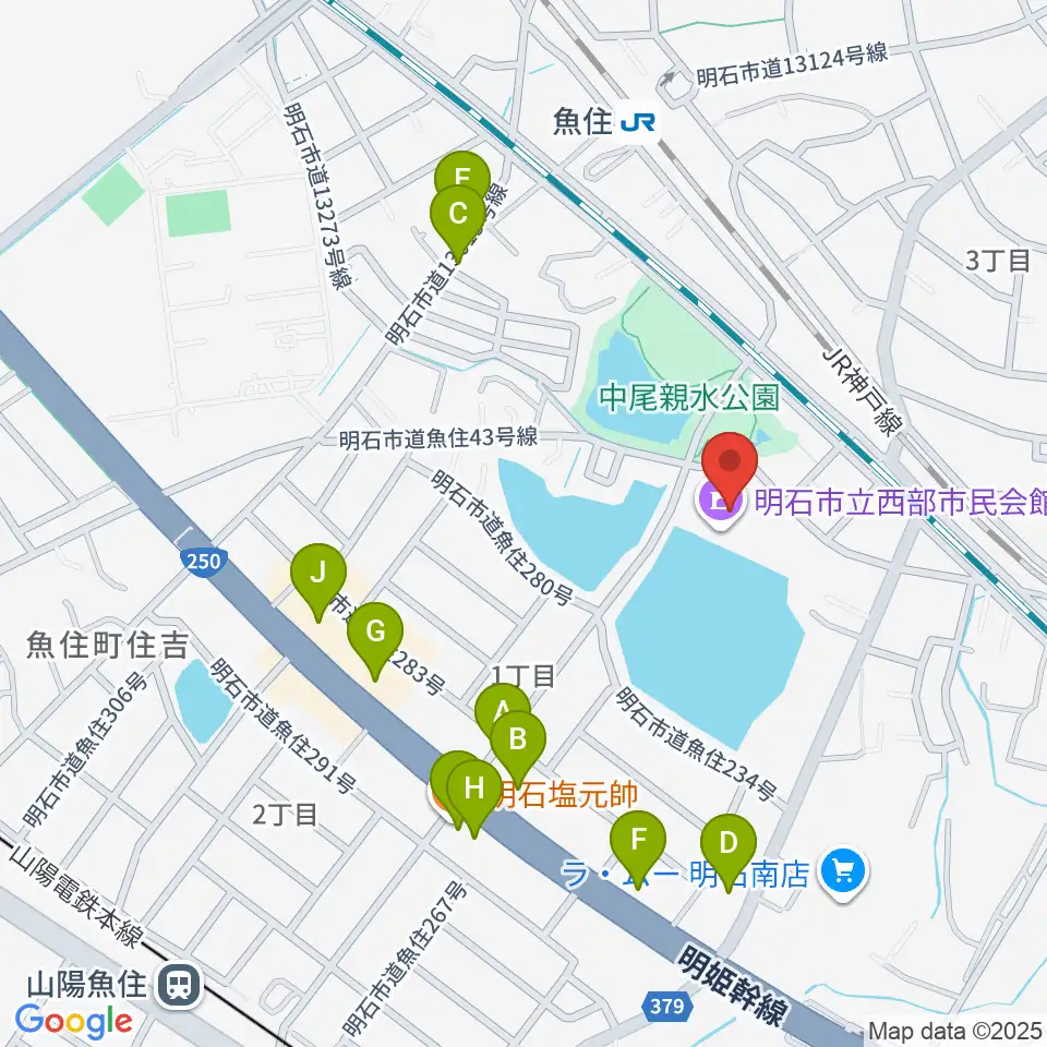 明石市立西部市民会館周辺のファミレス・ファーストフード一覧地図