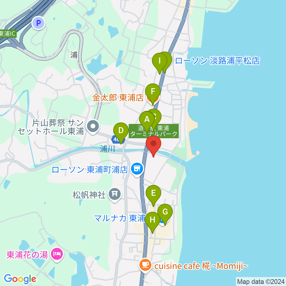 淡路市立サンシャインホール周辺のファミレス・ファーストフード一覧地図