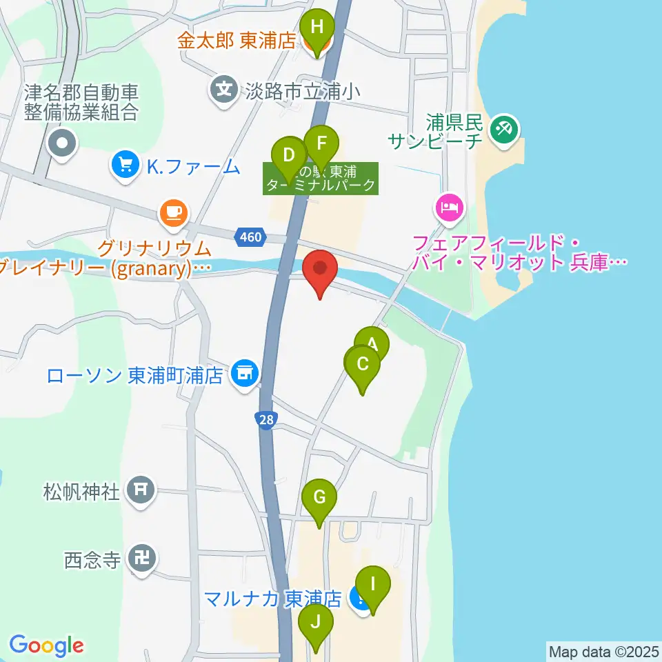 淡路市立サンシャインホール周辺のファミレス・ファーストフード一覧地図
