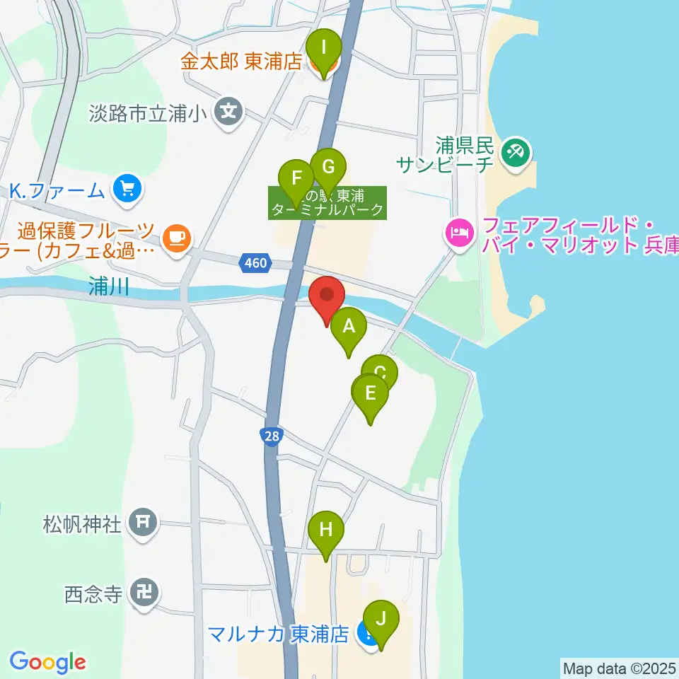 淡路市立サンシャインホール周辺のファミレス・ファーストフード一覧地図
