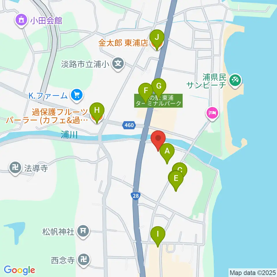 淡路市立サンシャインホール周辺のファミレス・ファーストフード一覧地図