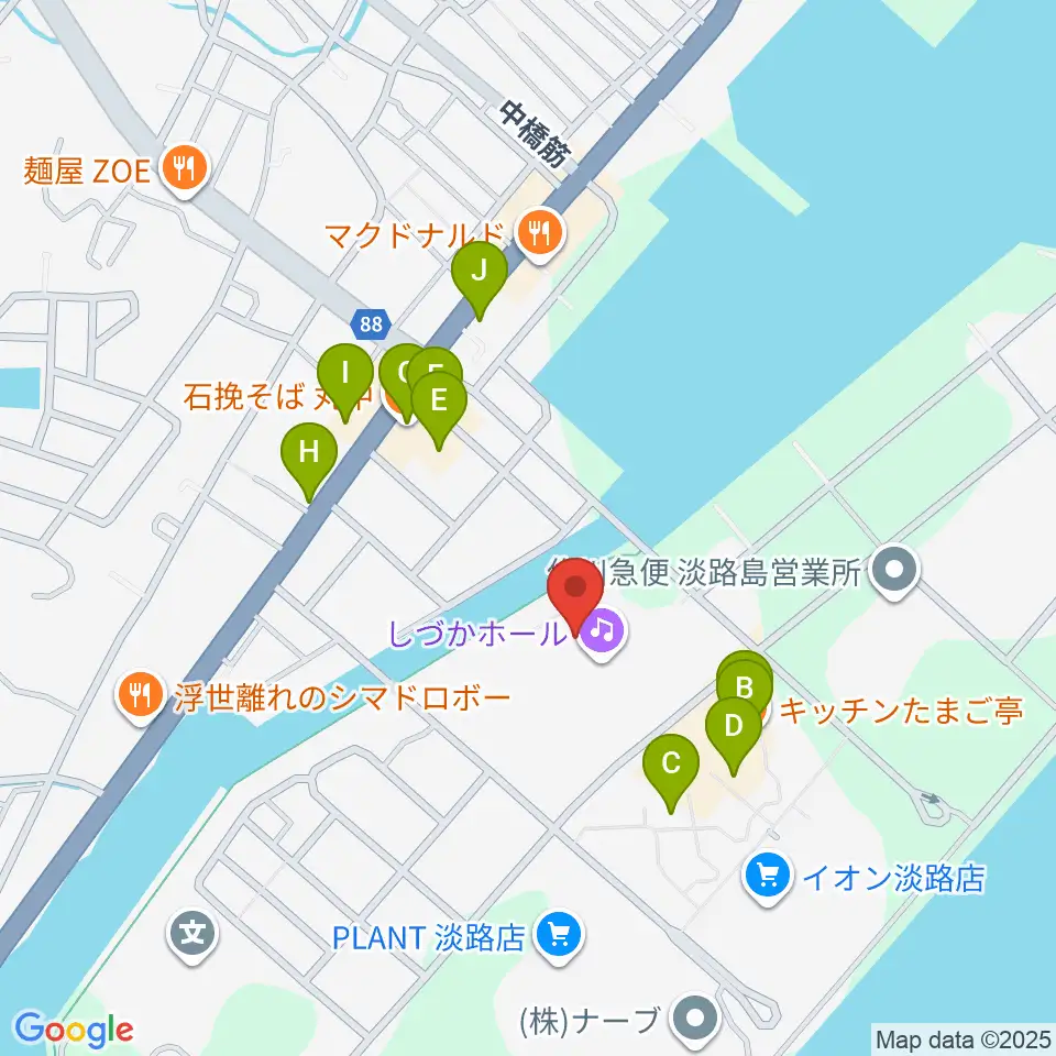 淡路市立しづかホール周辺のファミレス・ファーストフード一覧地図