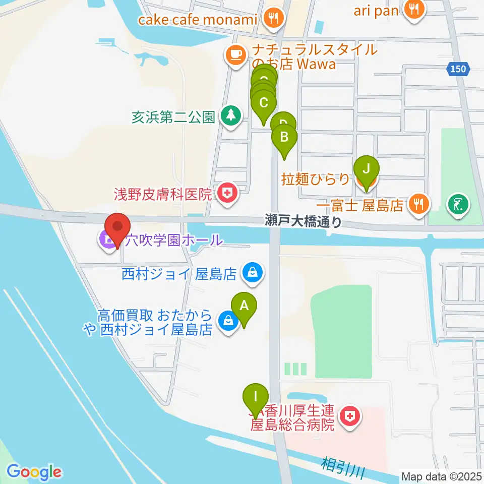 穴吹学園ホール周辺のファミレス・ファーストフード一覧地図