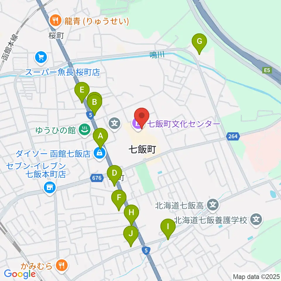七飯町文化センター周辺のファミレス・ファーストフード一覧地図