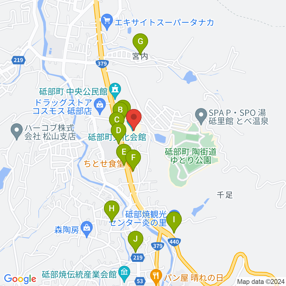 砥部町文化会館周辺のファミレス・ファーストフード一覧地図