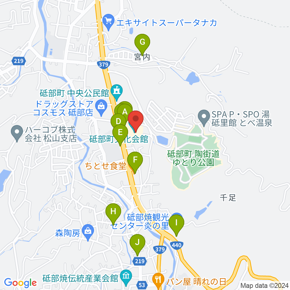 砥部町文化会館周辺のファミレス・ファーストフード一覧地図