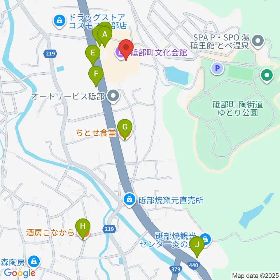 砥部町文化会館周辺のファミレス・ファーストフード一覧地図