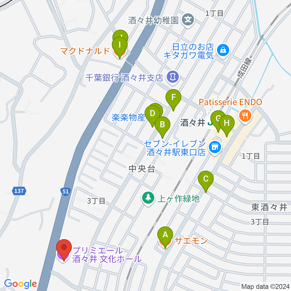 プリミエール酒々井周辺のファミレス・ファーストフード一覧地図