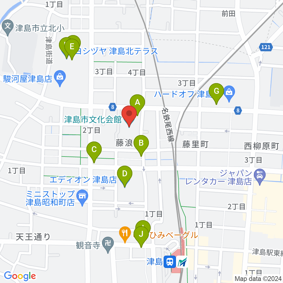 津島市文化会館周辺のファミレス・ファーストフード一覧地図
