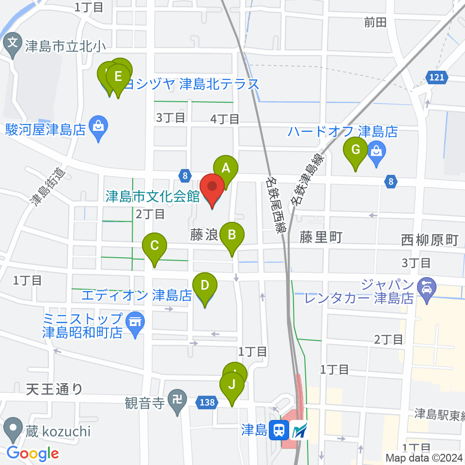 津島市文化会館周辺のファミレス・ファーストフード一覧地図