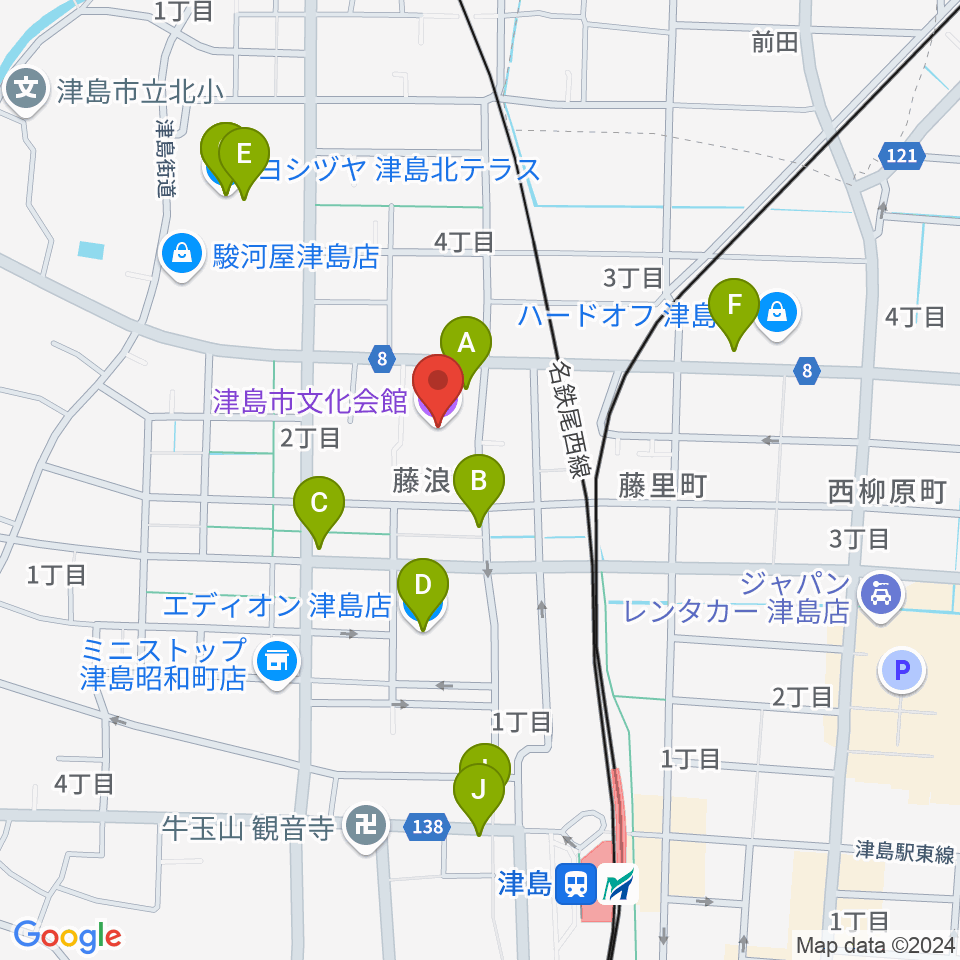 津島市文化会館周辺のファミレス・ファーストフード一覧地図