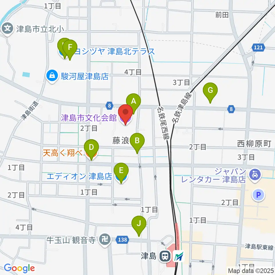 津島市文化会館周辺のファミレス・ファーストフード一覧地図
