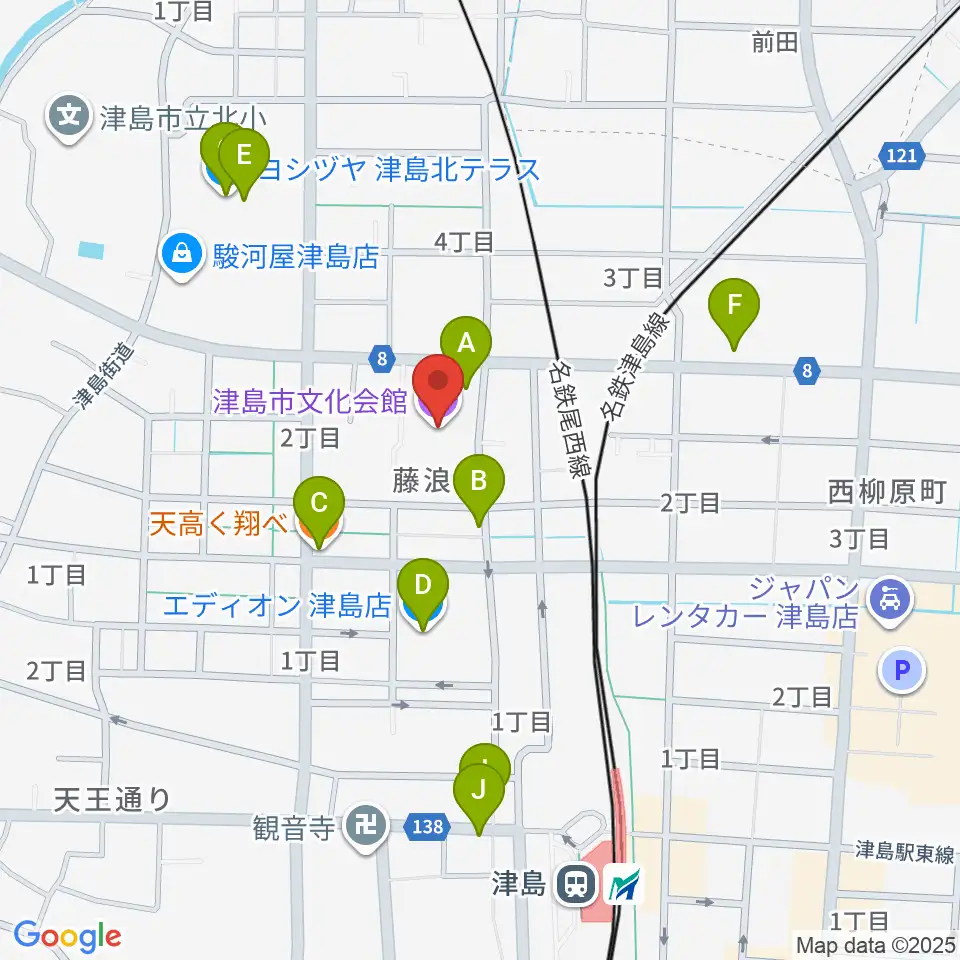 津島市文化会館周辺のファミレス・ファーストフード一覧地図