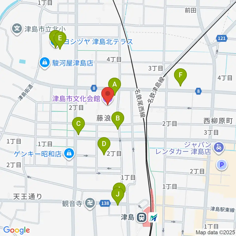 津島市文化会館周辺のファミレス・ファーストフード一覧地図