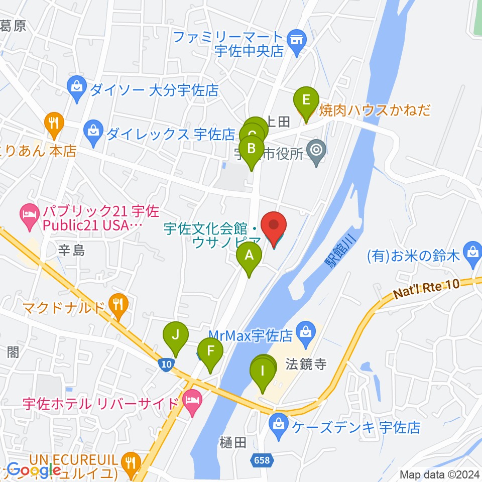 宇佐文化会館・ウサノピア周辺のファミレス・ファーストフード一覧地図