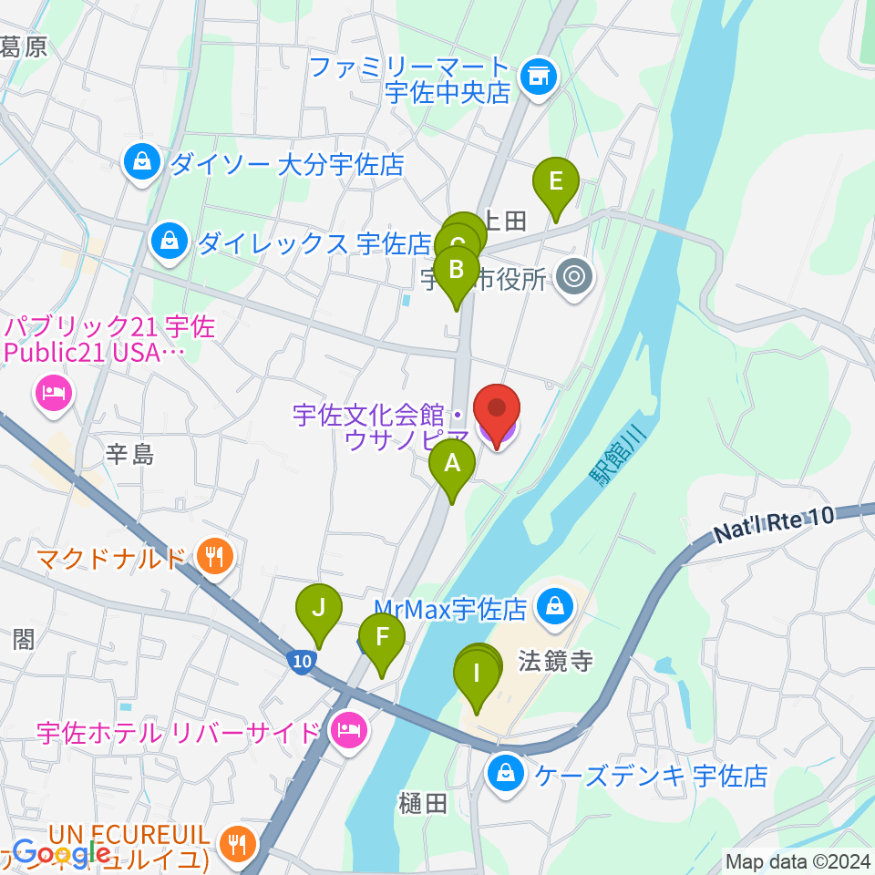 宇佐文化会館・ウサノピア周辺のファミレス・ファーストフード一覧地図