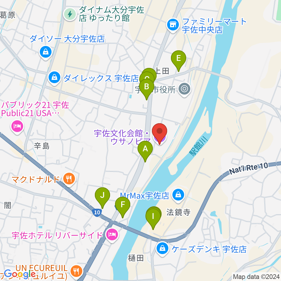 宇佐文化会館・ウサノピア周辺のファミレス・ファーストフード一覧地図