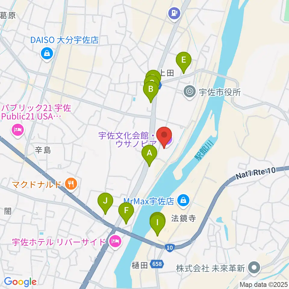 宇佐文化会館・ウサノピア周辺のファミレス・ファーストフード一覧地図