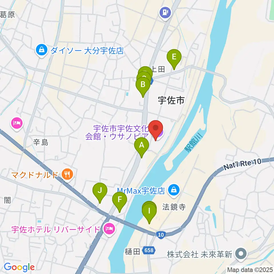 宇佐文化会館・ウサノピア周辺のファミレス・ファーストフード一覧地図