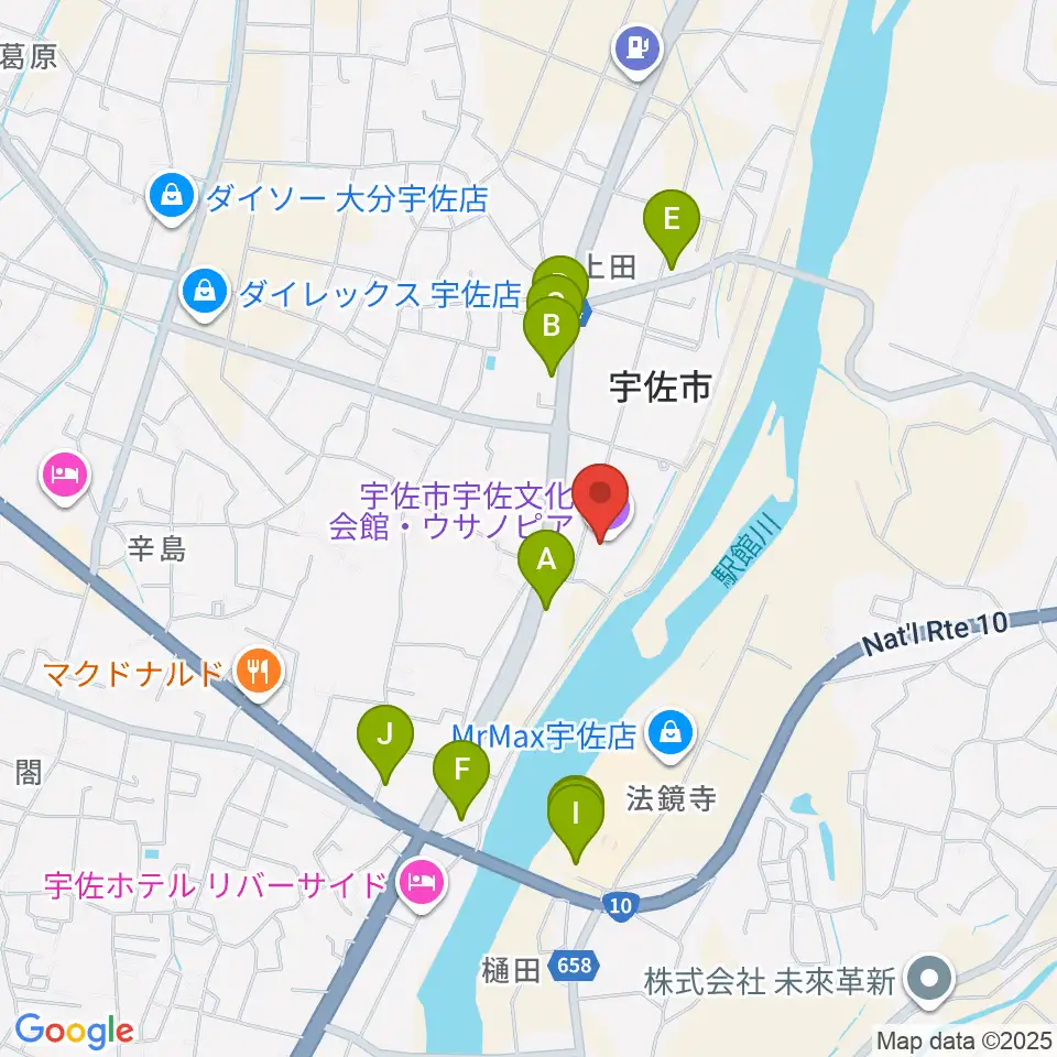 宇佐文化会館・ウサノピア周辺のファミレス・ファーストフード一覧地図
