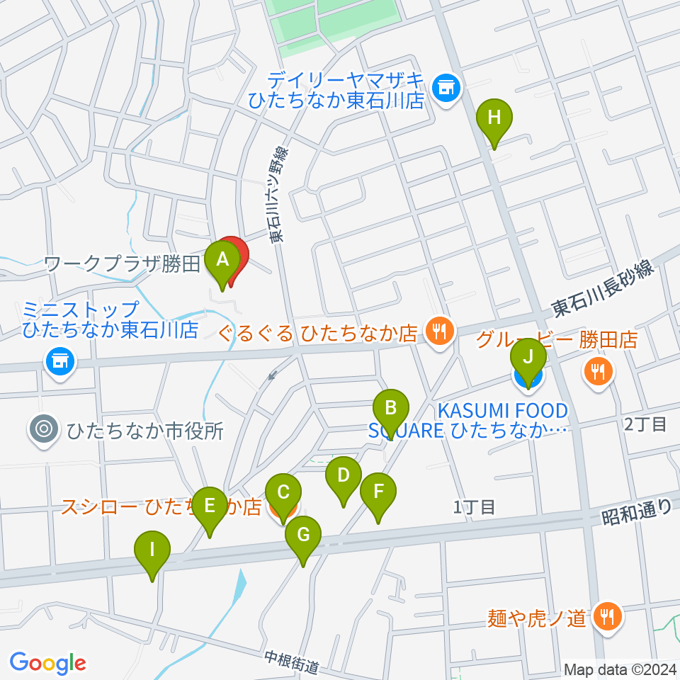 ワークプラザ勝田周辺のファミレス・ファーストフード一覧地図