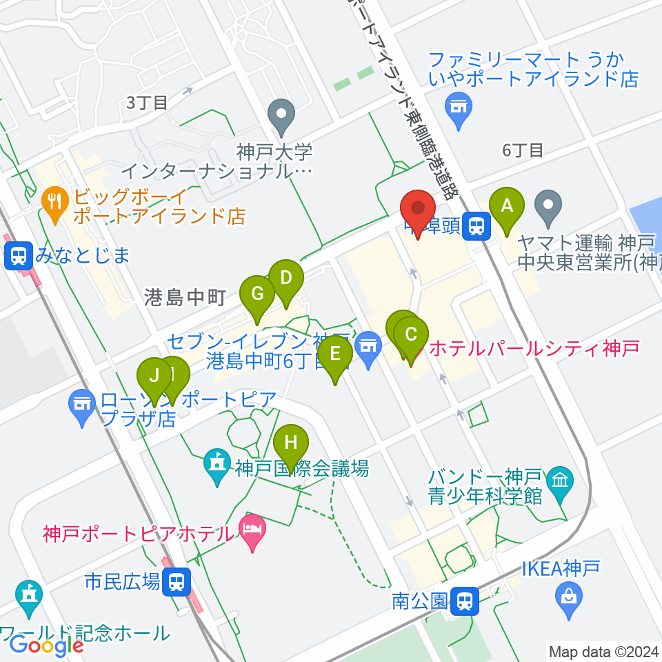 神戸ジーベックホール周辺のファミレス・ファーストフード一覧地図