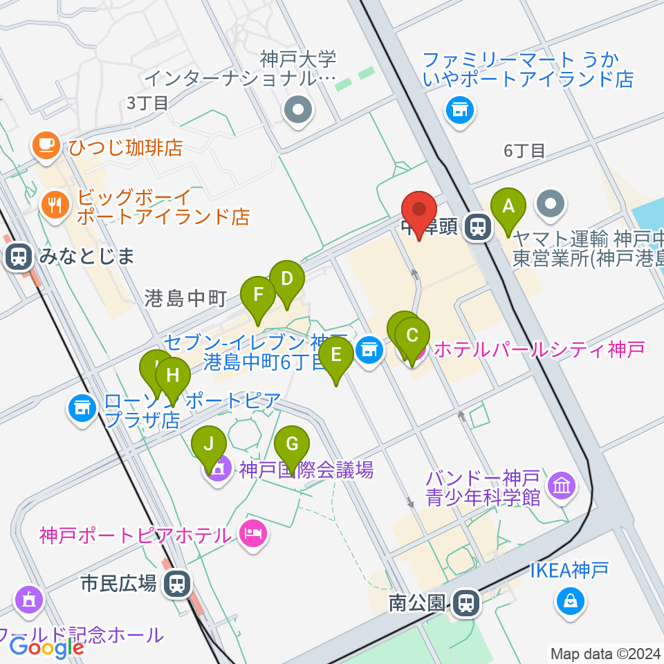 神戸ジーベックホール周辺のファミレス・ファーストフード一覧地図