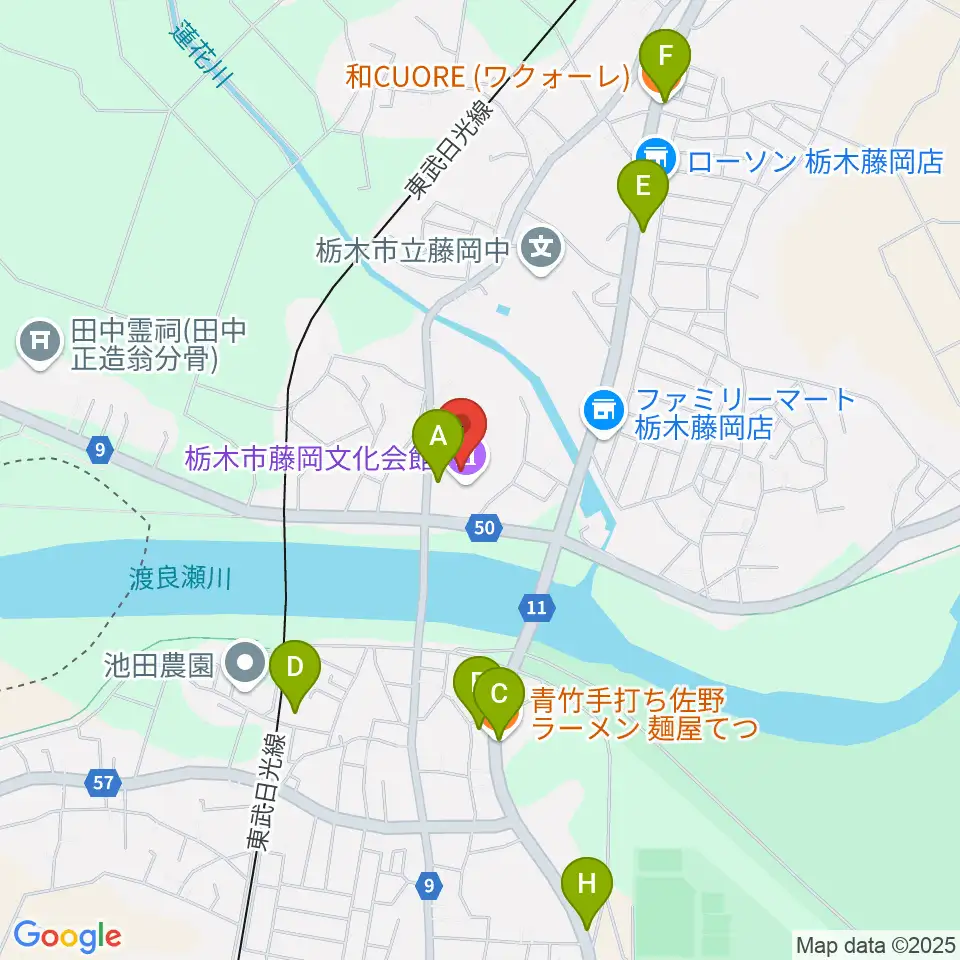 栃木市藤岡文化会館周辺のファミレス・ファーストフード一覧地図