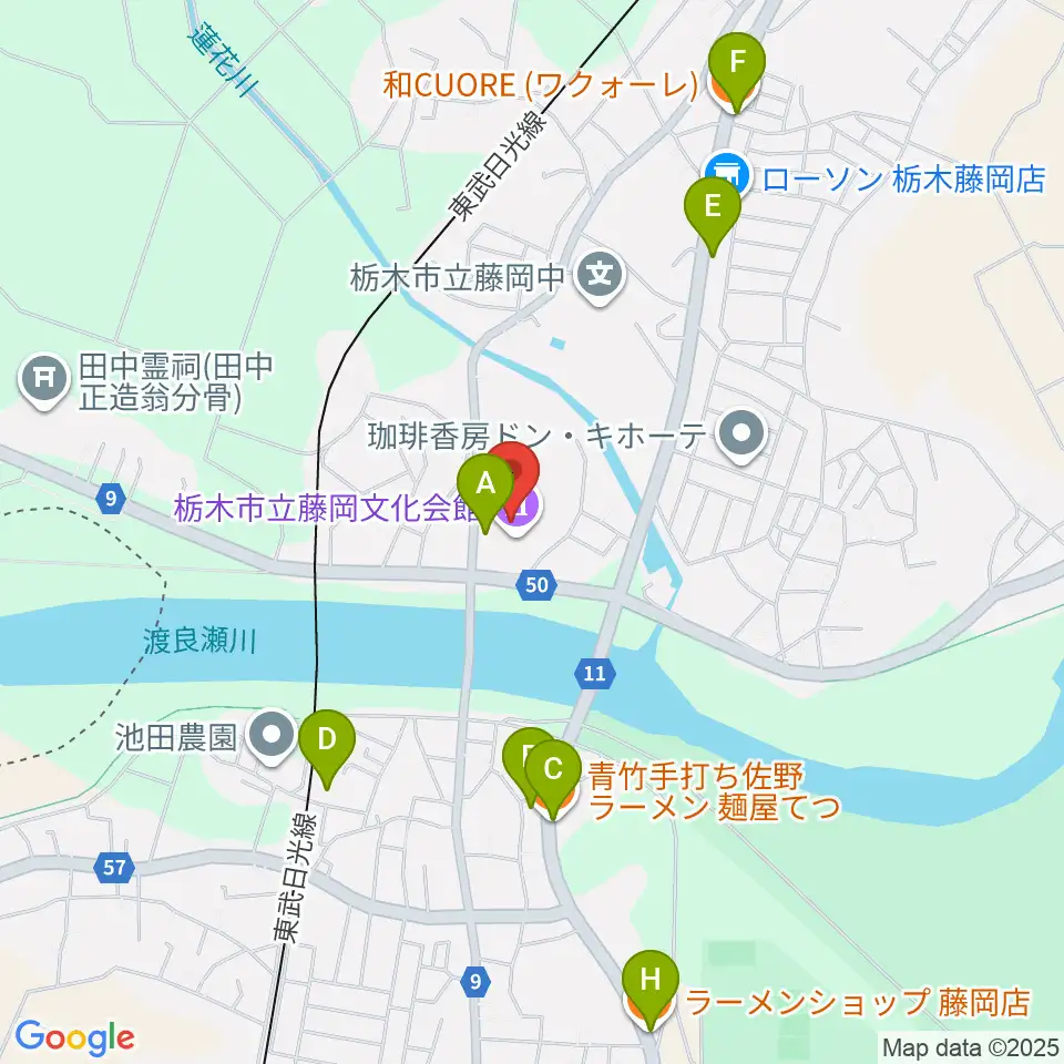 栃木市藤岡文化会館周辺のファミレス・ファーストフード一覧地図
