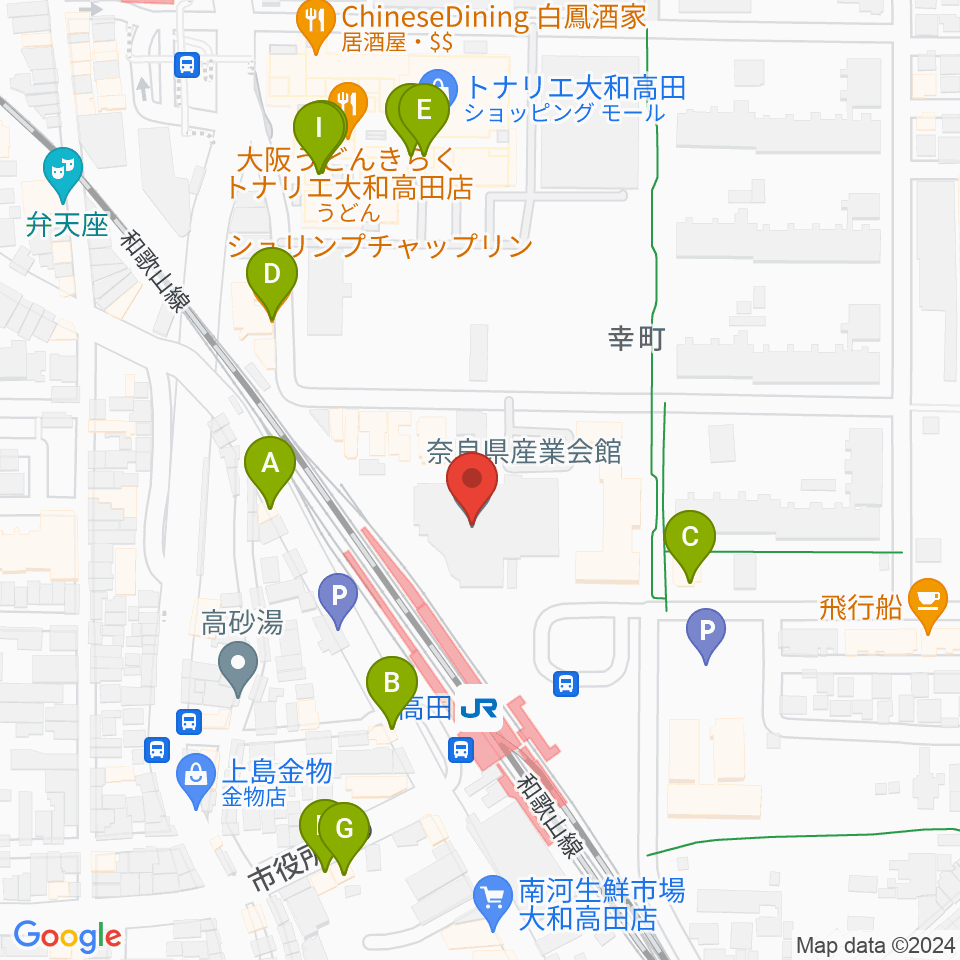 奈良県産業会館周辺のファミレス・ファーストフード一覧地図