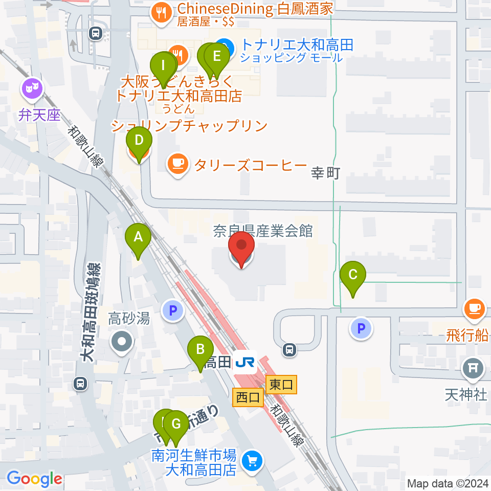 奈良県産業会館周辺のファミレス・ファーストフード一覧地図