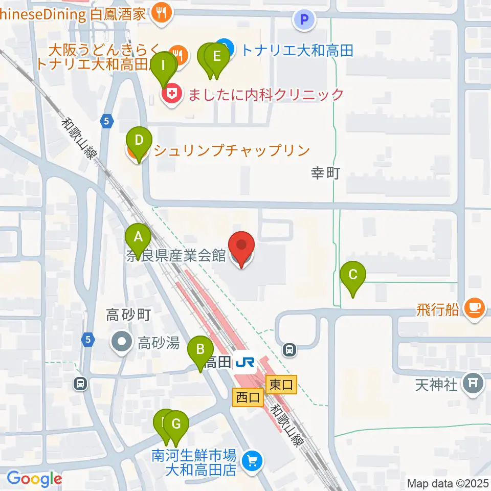 奈良県産業会館周辺のファミレス・ファーストフード一覧地図