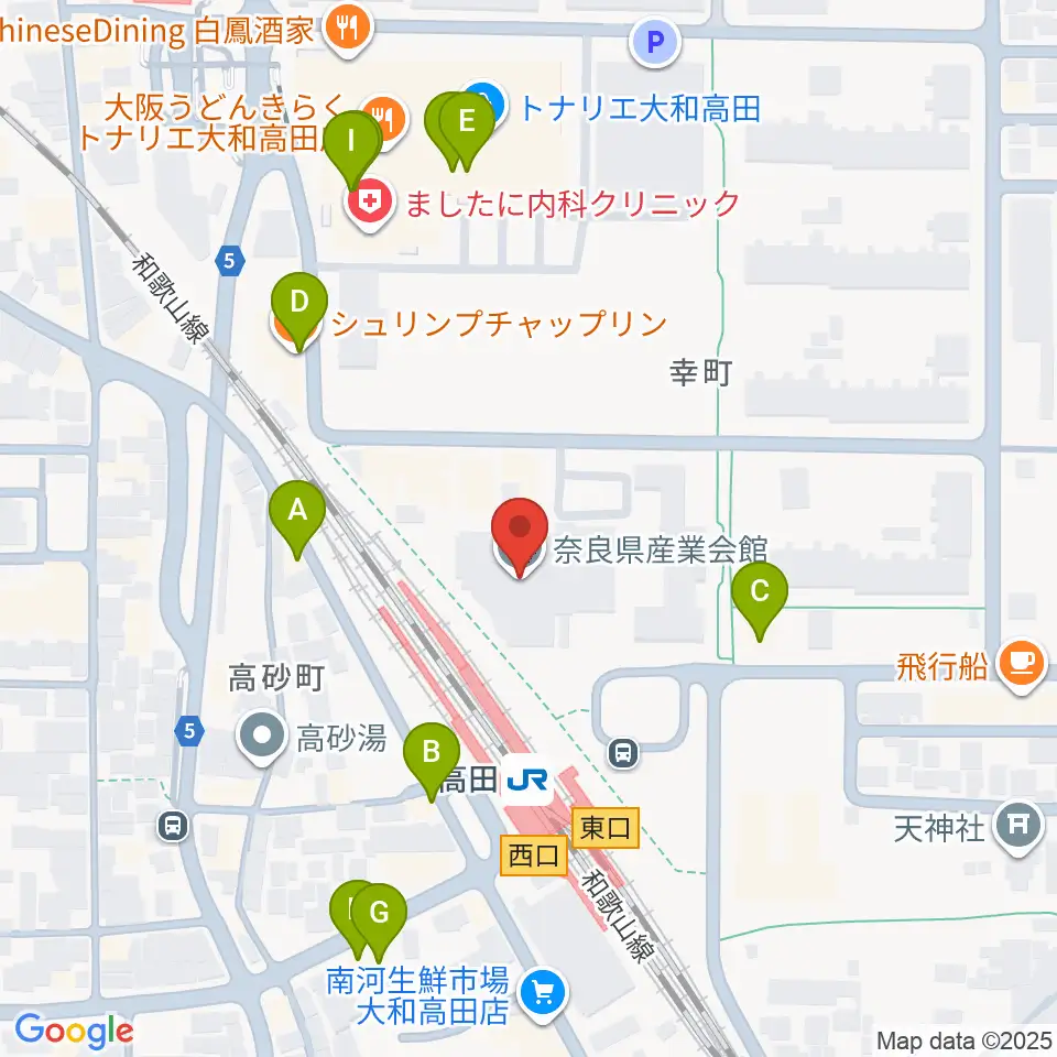 奈良県産業会館周辺のファミレス・ファーストフード一覧地図
