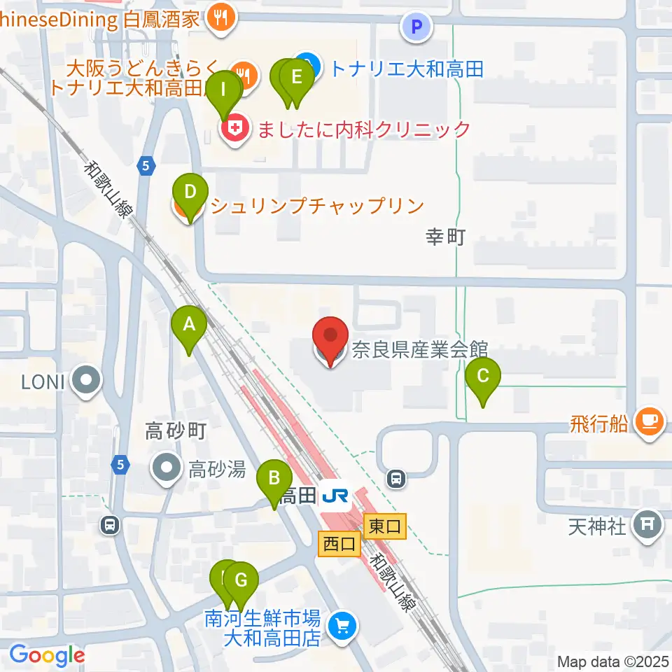 奈良県産業会館周辺のファミレス・ファーストフード一覧地図