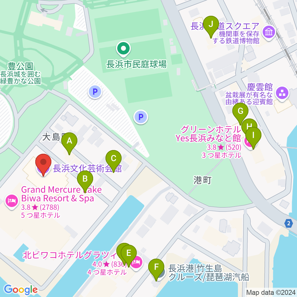 長浜文化芸術会館周辺のファミレス・ファーストフード一覧地図