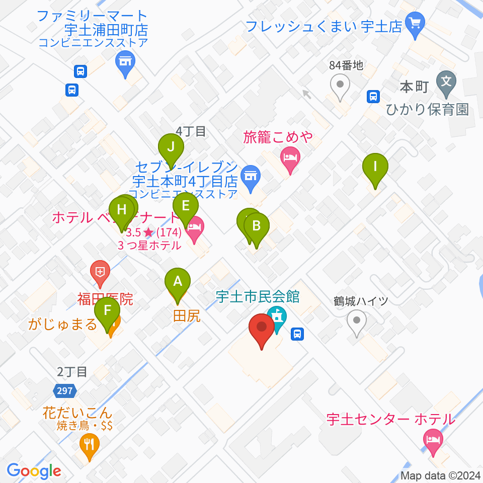 宇土市民会館周辺のファミレス・ファーストフード一覧地図