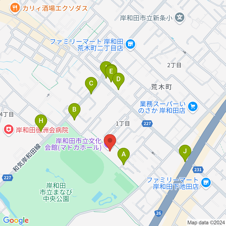 岸和田市立文化会館マドカホール周辺のファミレス・ファーストフード一覧地図