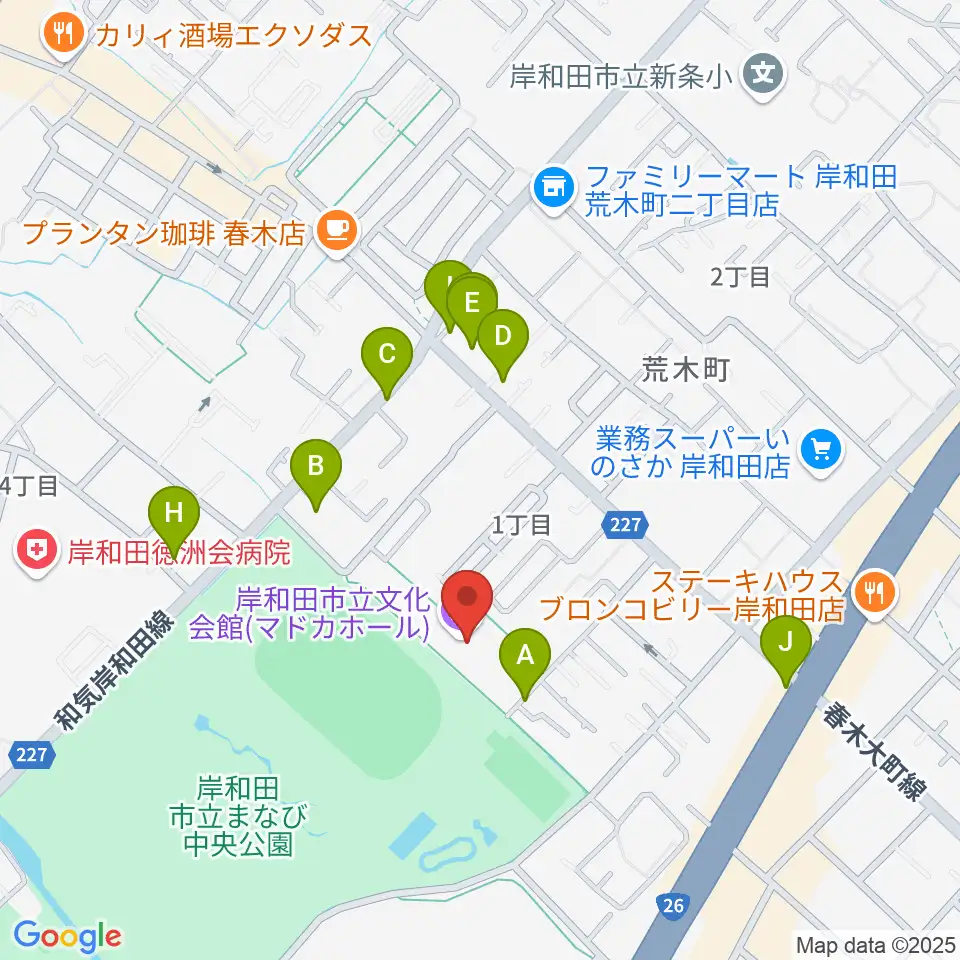 岸和田市立文化会館マドカホール周辺のファミレス・ファーストフード一覧地図