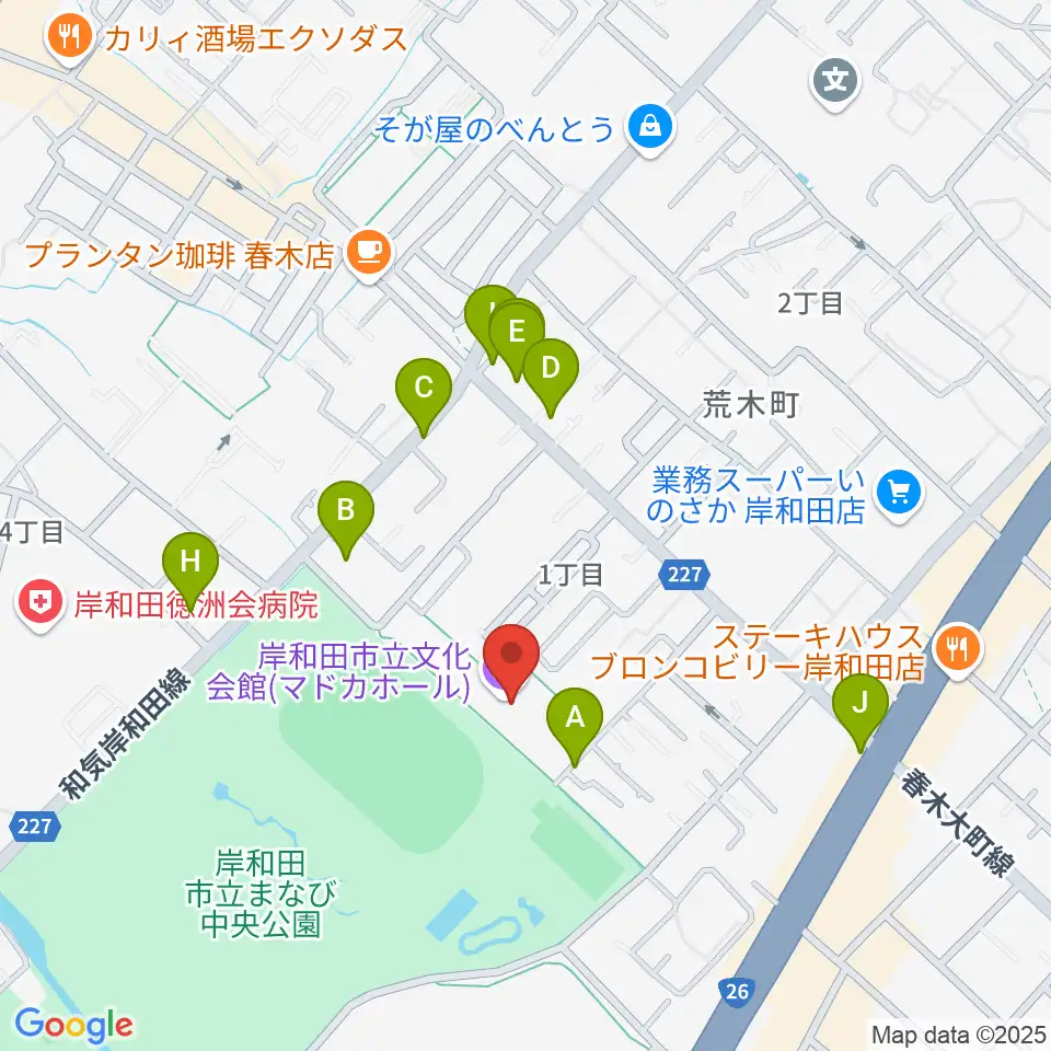 岸和田製鋼マドカホール周辺のファミレス・ファーストフード一覧地図