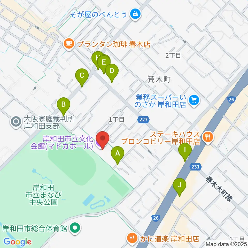 岸和田製鋼マドカホール周辺のファミレス・ファーストフード一覧地図