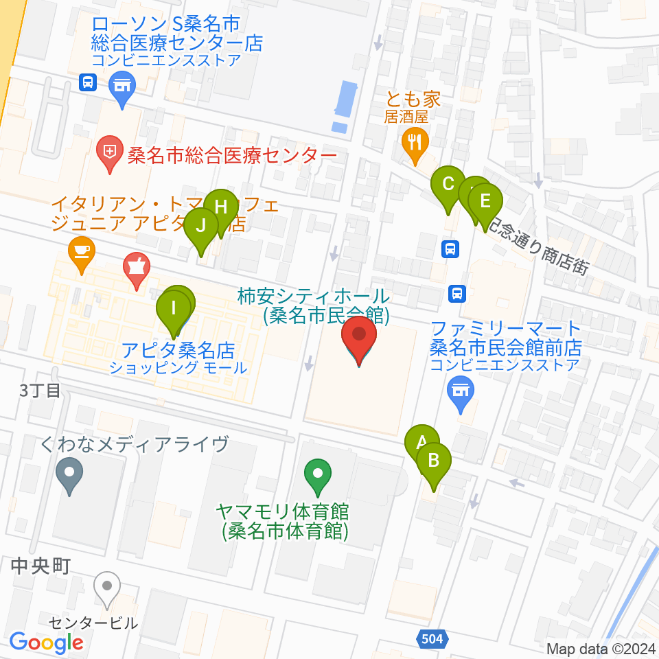 柿安シティホール周辺のファミレス・ファーストフード一覧地図