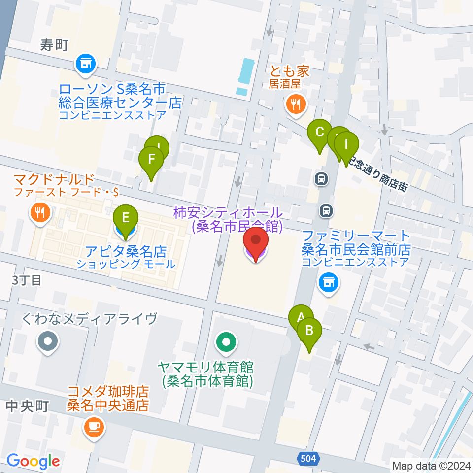 柿安シティホール周辺のファミレス・ファーストフード一覧地図